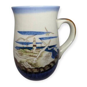 Otagiri Stoneware Mug Seaside Design w/Lighthouse Seaglls 5" Tall Excellent Cond